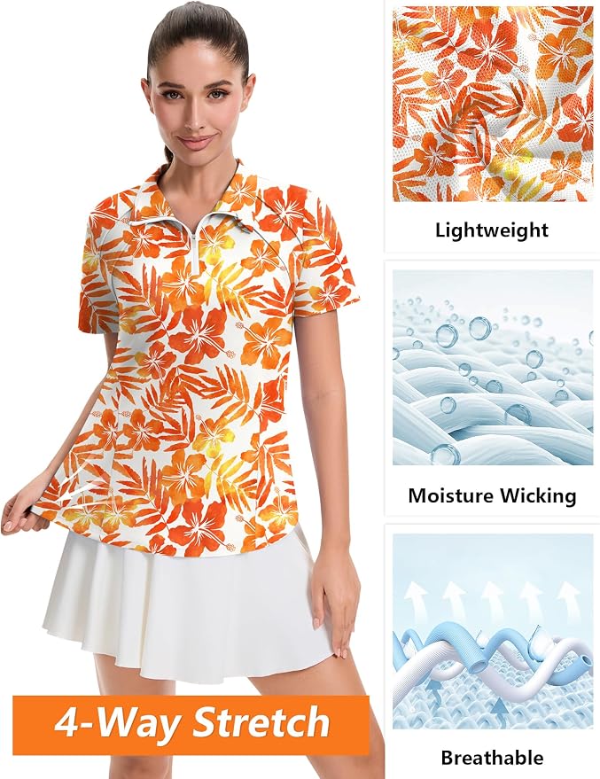 LOMON Womens Golf Polo Shirt Summer Short Sleeve Quarter Zip Outfit | Side-Pockets,Princess Seams,Cotton,Wrinkle Free,Moisture Wicking,Quick-Dry,Lightweight,Collared,for Tennis Workout
