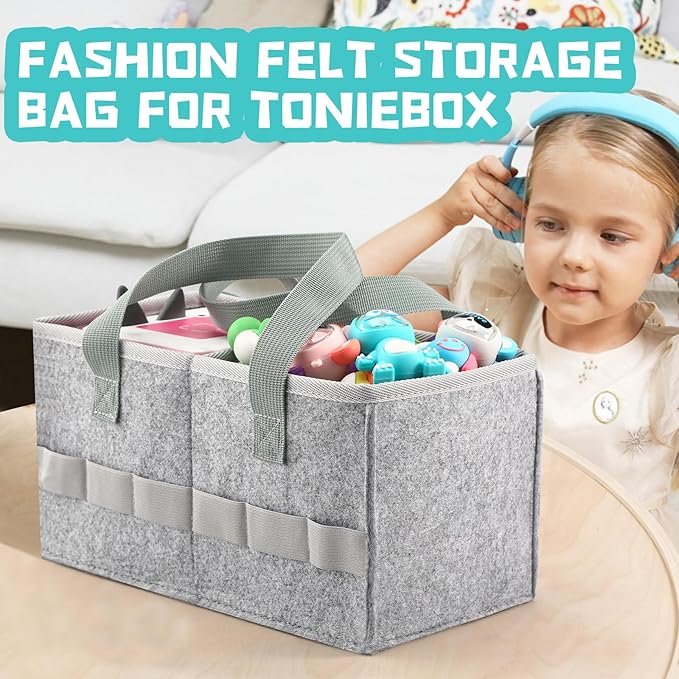 Carrying case for Toniebox Audio Player and Figurines Starter Set,Felt Organizer Bag,Travel for toniebox 2 Earphone and charger accessories portable bag (Grey)