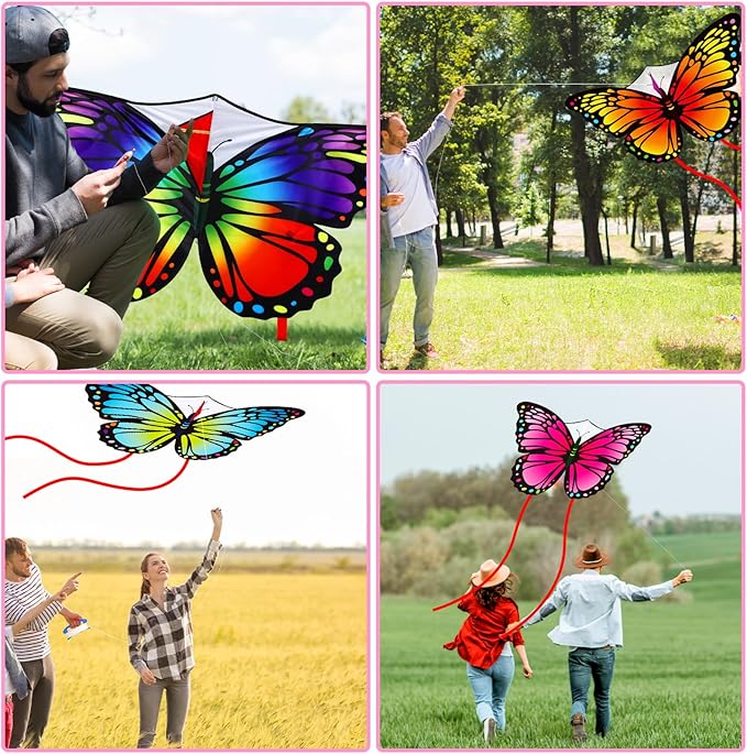 Silipull 6 Pcs Kites Butterfly Kite 55" x 28" Large Kites with 328ft String Colorful Beach Kite for Adults Beginner Outdoor Supplies