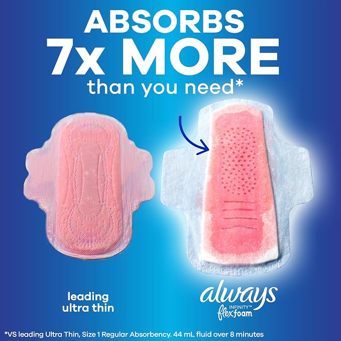 Always, Infinity With FlexFoam Pads For Women, Size 4, Overnight Absorbency With Wings, 26 Count