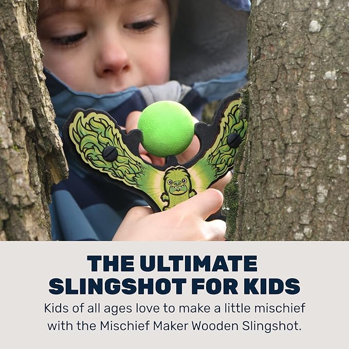 Mischief Maker® Wooden Slingshot - Lil’ Monster Series - Real Wood Slingshot for Kids, 4 Soft Foam Balls and Storage Bag - Ages 4+ (Green)