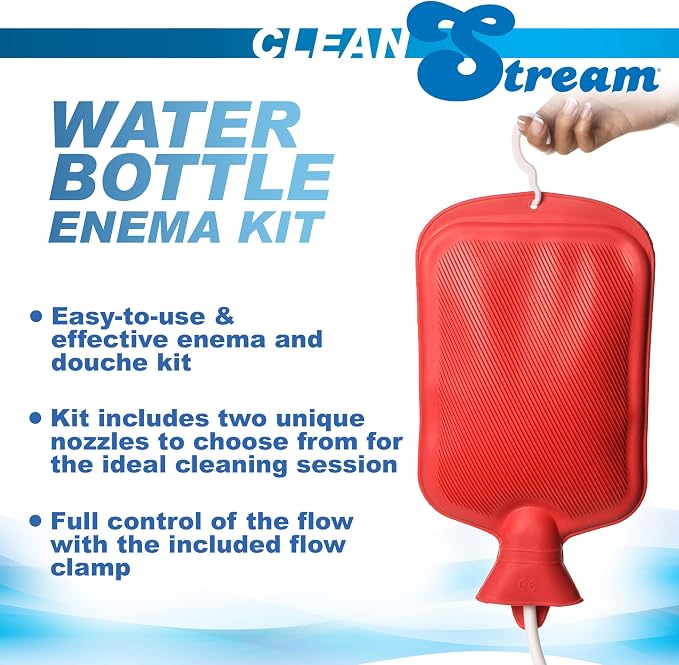 Cleanstream Water Bottle Douche Kit with Enema Tip, Vaginal Tip, 2 Quart Rubber Bottle, 5 Foot Tubing, Shut-Off Clamp, Adapter, Stopper and Hanging Hook for Personal Cleansing