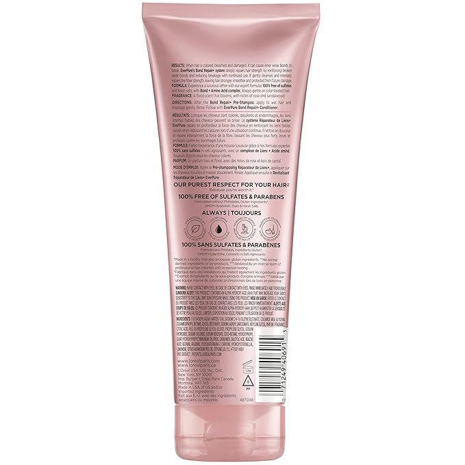 L'Oreal Paris Sulfate Free Bond Repair+ Shampoo, Hair Shampoo with Bond + Amino Acid Complex, Strengthens and Repairs Damaged or Color Treated Hair, EverPure, 6.8 Fl Oz (Packaging May Vary)