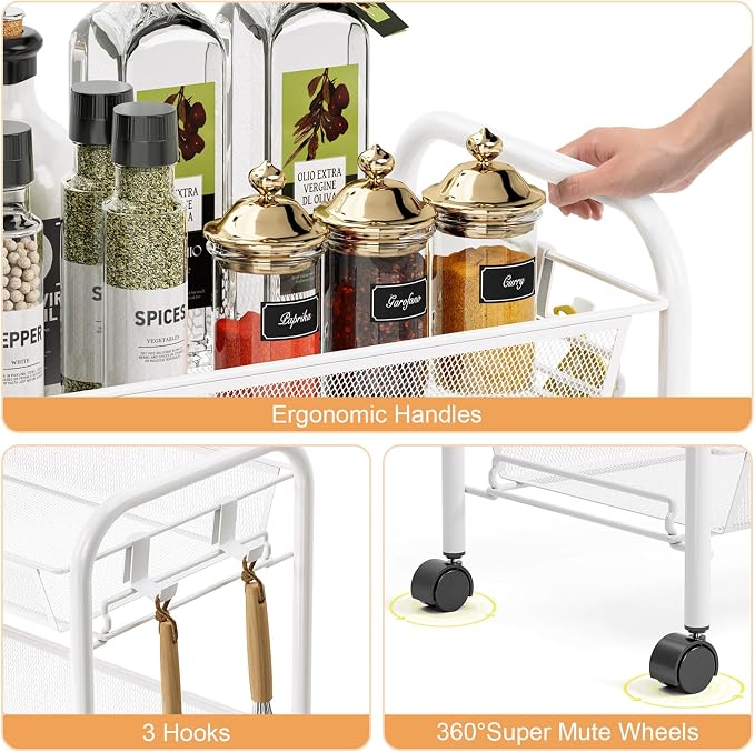 TOOLF 3 Tier Rolling Cart, Metal Utility Storage Cart with Wheels, White | 3 Hooks, Screwless Assembly, Trolley Organizer for Bathroom, Kitchen, Office, Nursery, Dorm, Laundry Room