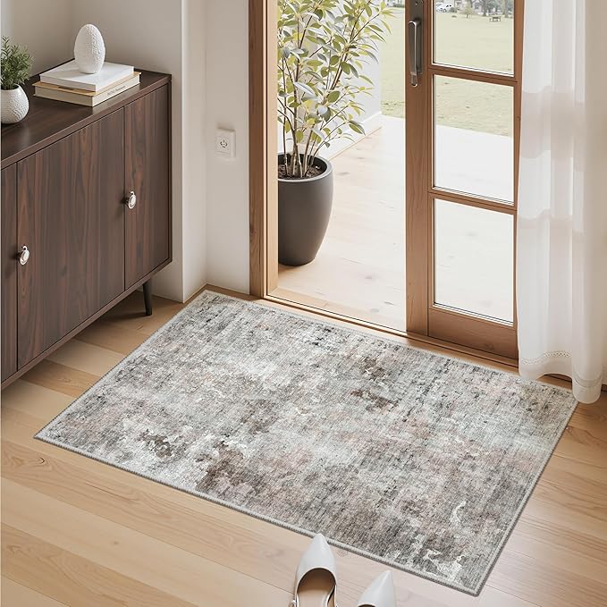 Soalmost 2x3 Abstract Washable Rugs for Kitchen, Small Area Rug Pink/Grey | Non-Slip Vintage Low Pile Throw Door Mat For Bathroom Entryway Laundry Room, Stain Resistant Indoor Entrance Floor Carpet