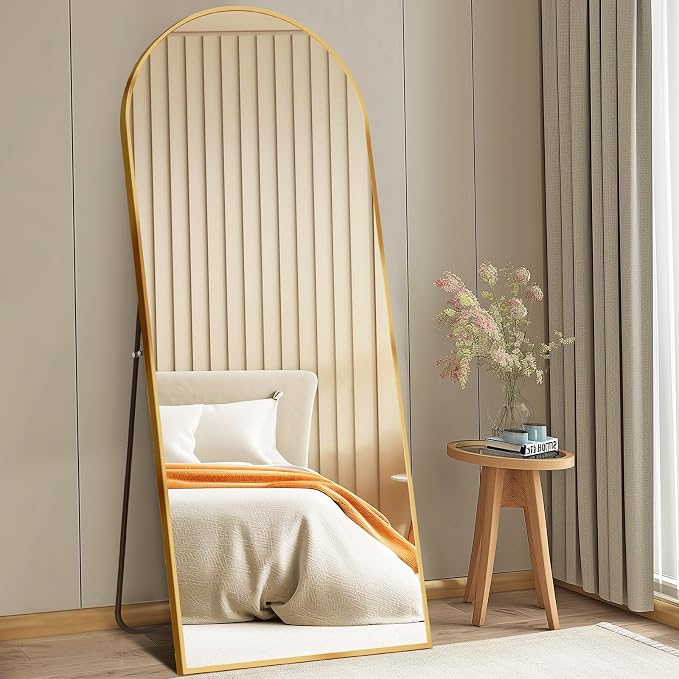 DUMOS 64"x21" Arched Full Length Floor Mirror, Full Body Mirror, Gold | Shatterproof Tempered Glass, Modern Aluminum Alloy Frame, Free Standing or Leaning for Home Decor