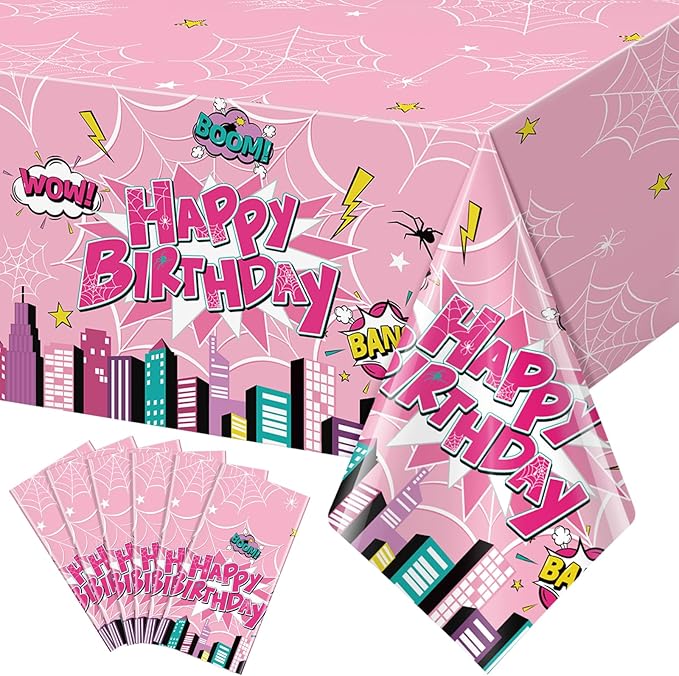 6Pcs Spider Birthday Party Tablecloths, Disposable Plastic Cartoon Spider Tablecloth Pink Hero Table Cover for Rectangle Table Girl’s Birthday Party Supplies, 54x108 inches