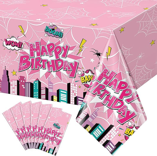 6Pcs Spider Birthday Party Tablecloths, Disposable Plastic Cartoon Spider Tablecloth Pink Hero Table Cover for Rectangle Table Girl’s Birthday Party Supplies, 54x108 inches