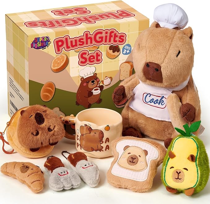 Animal Plush Gifts for Girls, Cute Chef-Themed Stuffed Toys with Mug & Keychain & Coin Purse, Birthday Gift Set for 3 4 5 6 7 8 Year Old