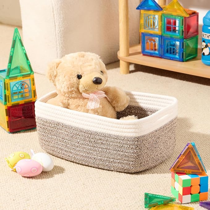 MiniArk Small Storage Baskets for Organizing | Closet Organizer Bins | Shelf Toy Basket | Woven Rope Baskets | Cube Decorative Box | Shallow Basket | 13x8.5x5.1” | 3 Packs White Brown