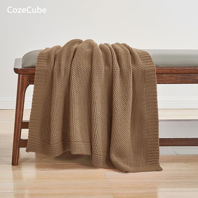 CozeCube Caramel Brown Seed Stitch Throw Blanket 60"x80", Farmhouse Decor | Blanket for Couch, Soft Cozy Cable Knit Throw for Bed Sofa Living Room, Lightweight Warm Decorative Christmas Blanket