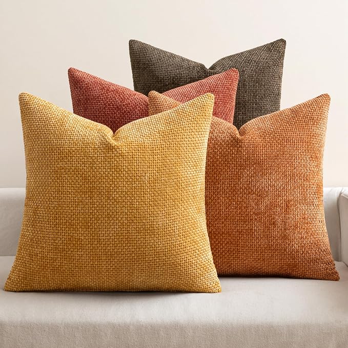MIULEE Decorative Chenille Fall Pillow Covers Orange Brown 20x20 Pack of 4 | Rustic Decor, Autumn Harvest Orange Collection, Couch Throw Pillows, Farmhouse Boho Cushion Covers for Sofa Bed Living Room