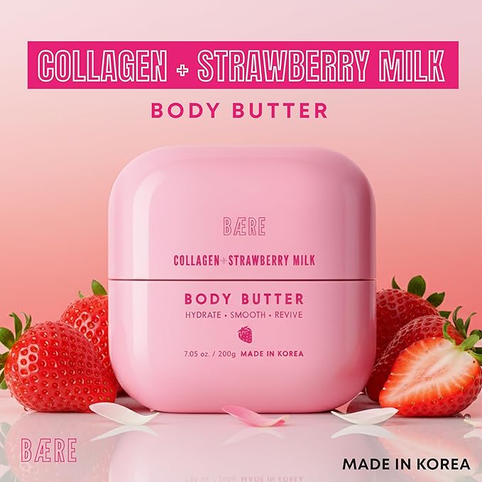 Collagen Body Butter with Strawberry Milk – Dermatologist Tested, Anti Aging Korean Skin Care – Deep Moisture For Soft Dewy Skin & Smooth Texture – Vegan Clean Beauty Body Moisturizer – 7 Fl Oz