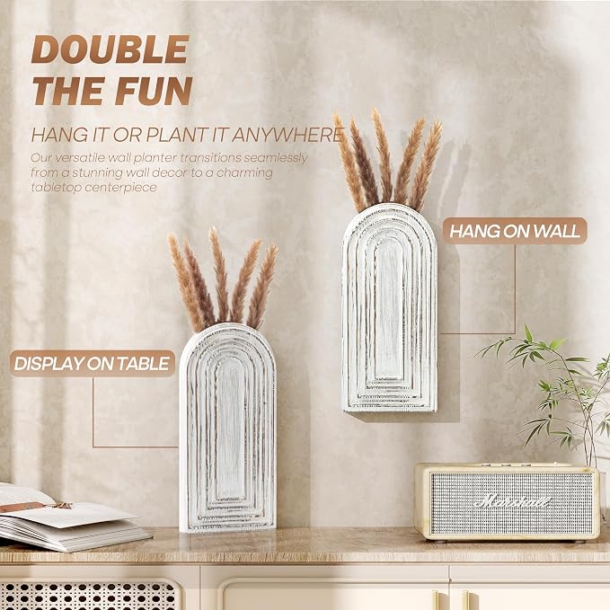 EOSAHR Wall Vase: Wall Planter for Indoor Plants & Fake Flowers, Whitewash | 2Pcs, Pine Wood, 3D Embossed Lines, Round Corner Design, Hanging Plant Holder, Wall Art for Living Room Decor