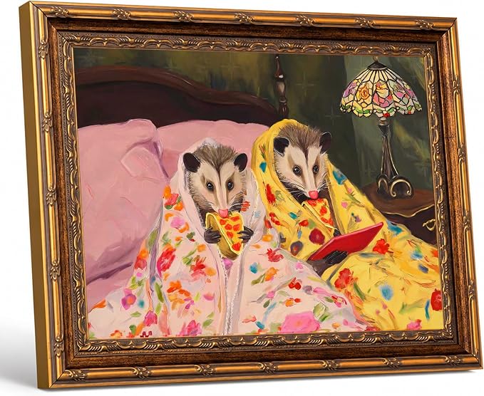 Gold Framed Funny Opossum gifts Wall Art Cute Possum Eating Pizza Print | Whimsical Cute Possum ,Vintage Animal Picture Wall Decor Canvas Painting for Living Room Bedroom Bathroom Office, 12x16 In