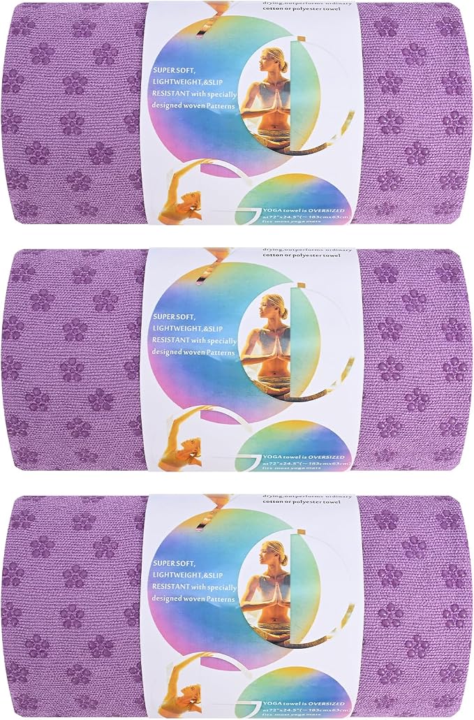 3 Pack Hot Yoga Towels with Plum Blossom Grip Dots, Non Slip Yoga Mat Towel, Super Absorbent Soft Suede Microfiber Mat Cover for Hot Yoga, Pilates, Bikram & Workout, 24" x 72", Lavender