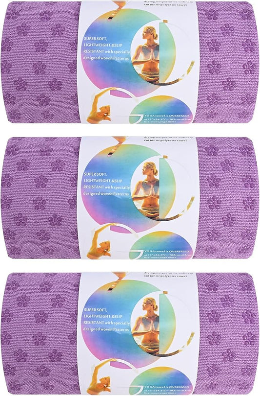 3 Pack Hot Yoga Towels with Plum Blossom Grip Dots, Non Slip Yoga Mat Towel, Super Absorbent Soft Suede Microfiber Mat Cover for Hot Yoga, Pilates, Bikram & Workout, 24" x 72", Lavender