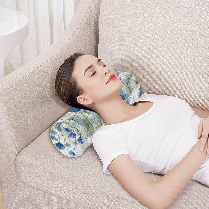 White Daisy Flowers Blue Cornflower Neck Roll Pillow Bolster Round Health Memory Foam Long Cervical Cylinder Pillows with Removable Washable Cover for Body Bed Legs Back Yoga