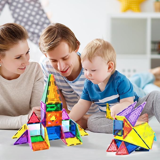 PicassoTiles Magnetic Tiles 152pcs Mirror Theme Magnet Tile Building Blocks STEM Sensory Toys with Car for Kids Toddlers Boys Girls Age 3+ Educational Learning Construction Play Set PT152