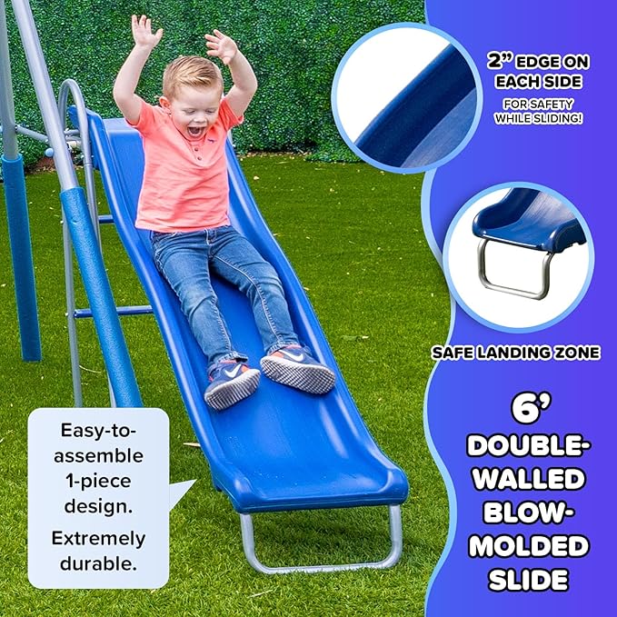 Sportspower Super Surfer Metal Swing Set with 6ft Slide, Skyflyer, Surfboard, Standing & Classic Sling Swing, for Ages 3-8