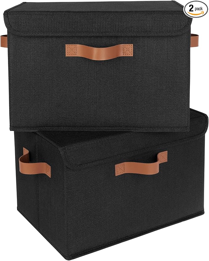 GRANNY SAYS Memory Keepsake Storage Box, Fabric Storage Bins with Lids | Flip-Top Lid, Collapsible, Stackable, 3 Handles, Ideal for Closet Clothes Blanket Toys, Large, Black, 2-Pack