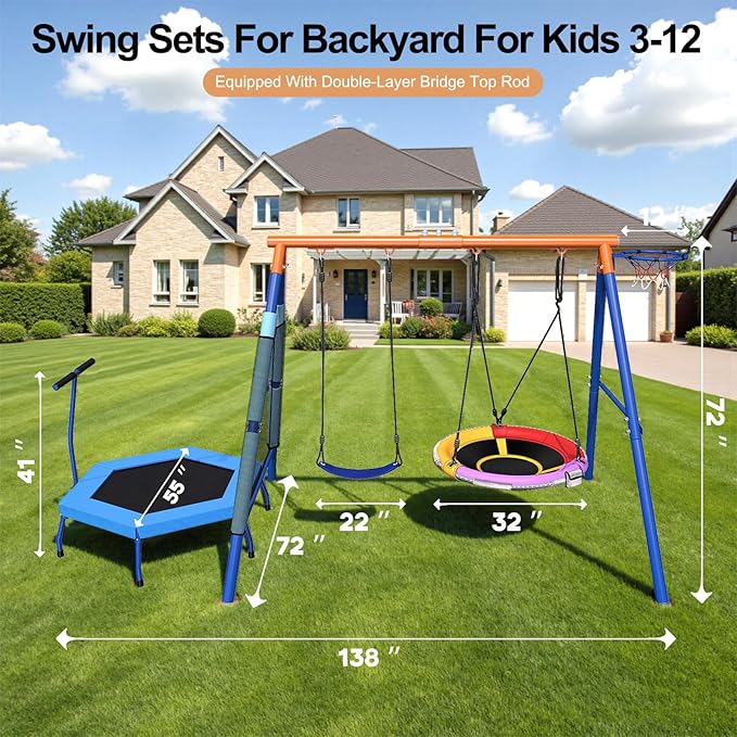 4-in-1 Heavy Duty Metal A-Frame Swing Set for Kids Backyard - 32" Saucer Swing, 55" Trampoline & Adjustable Basketball Hoop, Outdoor Playset Ages 3-12, 440lbs Capacity