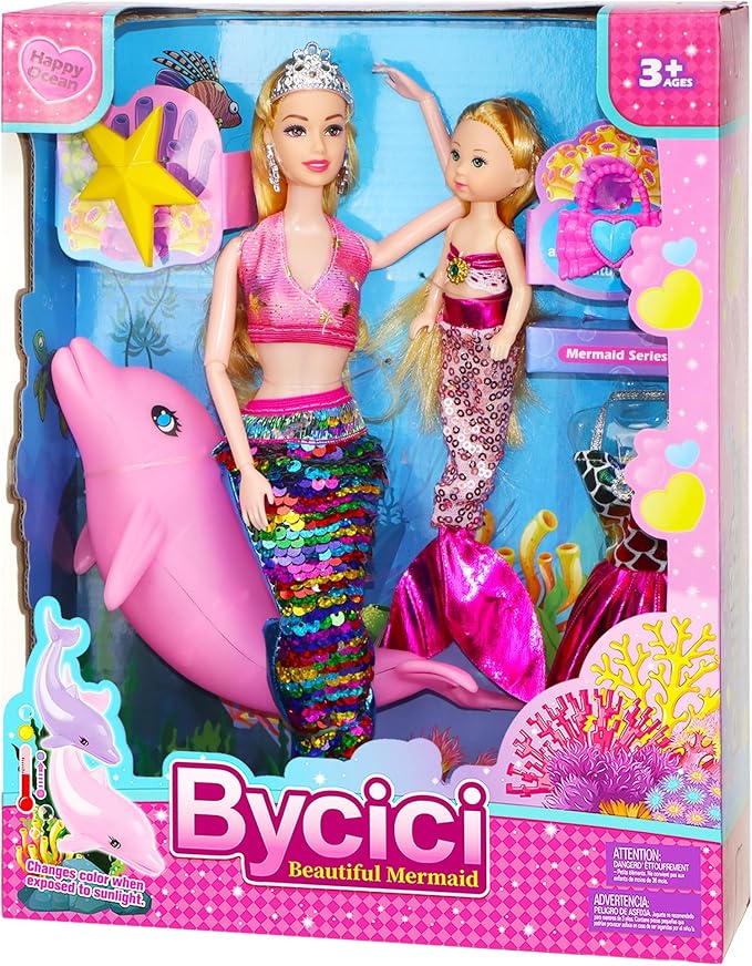 Baljinder Magical Mermaid Dolls with Little Mermaid | Summer Princess Doll & Color Change Dolphin Playset for Water Swimming | Mermaid Pool Toys for Girls 4-7 | Birthday Party Christmas