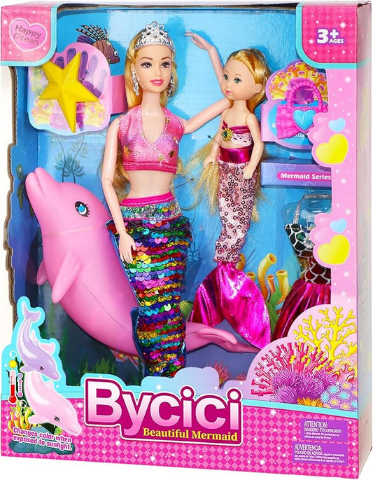 Baljinder Magical Mermaid Dolls with Little Mermaid | Summer Princess Doll & Color Change Dolphin Playset for Water Swimming | Mermaid Pool Toys for Girls 4-7 | Birthday Party Christmas