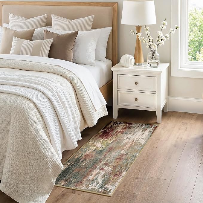 RELEANY Washable 2'x5' Abstract Area Rug for Living Room Rustic Brown | carpet for bedroom, kitchen, office, hallway and entryway, printed pattern, non-slip, soft, stain-resistant, easy to clean