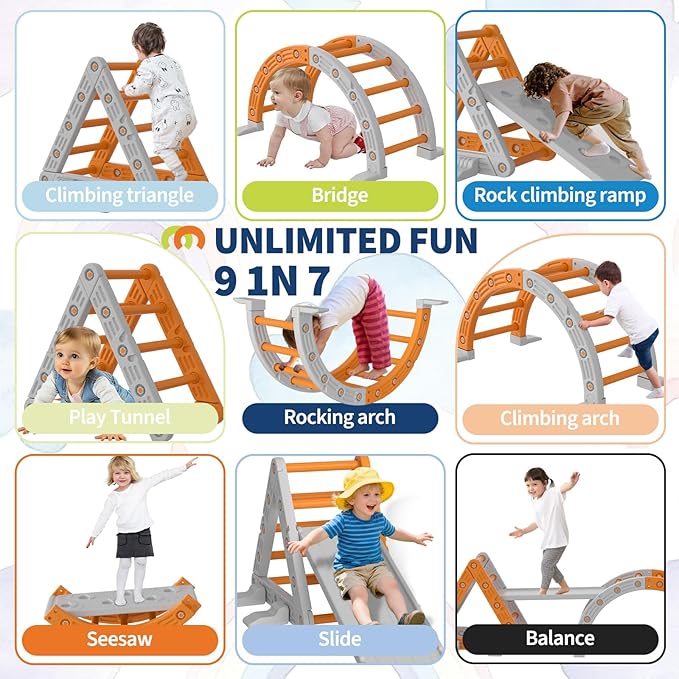Garvee 9-in-1 Triangle Set, HDPE PP Plastic Climbing Set, Durable 1-8 Toddler Climbing Toys Indoor with Arch, Ramp, Ladder & Slide, Indoor Playground Jungle Gym Playset, Orange