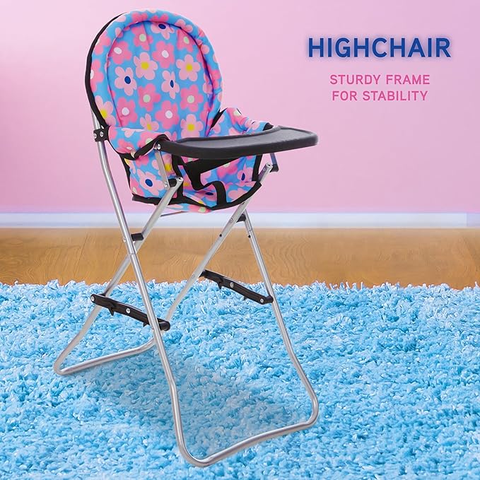 Baby Doll Stroller Bed and Seat Nursery Playset, Baby Doll Accessories Furniture Set High Chair Diaper Bag Role Play Deluxe Baby Doll Blue Set