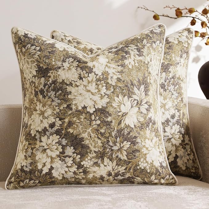 Pack of 2 Vintage Floral Euro Sham Covers 24x24 Boho Farmhouse Accents Chenille Square Decorative Throw Pillow Cases for Living Room Couch Bed Home Decor, Beige