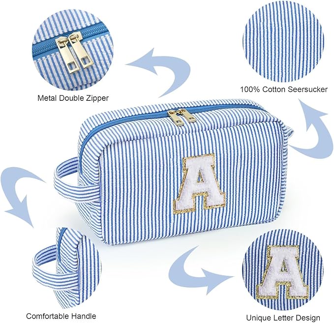YOOLIFE Makeup Bag for Women - Monogram Cute Initial Blue Makeup Bags Cosmetic Toiletry Pouch Make Up Case for Women Her Best Friend Friendship Sister Teacher, Personalized Birthday Gifts for Women C