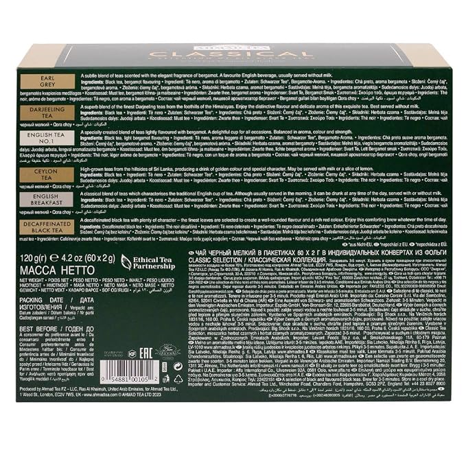 Ahmad Tea Black Tea, Classic Selection Pack Teabags, 60 Foil Teabags - Caffeinated, Decaffeinated, & Sugar-Free