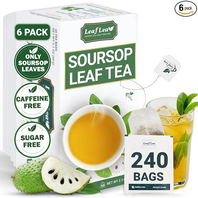 LeafLea Soursop Leaf Tea Bags, From Soursop Graviola Leaves, 240 Count | 100% Dried Soursop Leaves, Hoja Guanabana, Smooth And Earthy Flavor, Digestion Support, No Caffeine, Sugar-Free