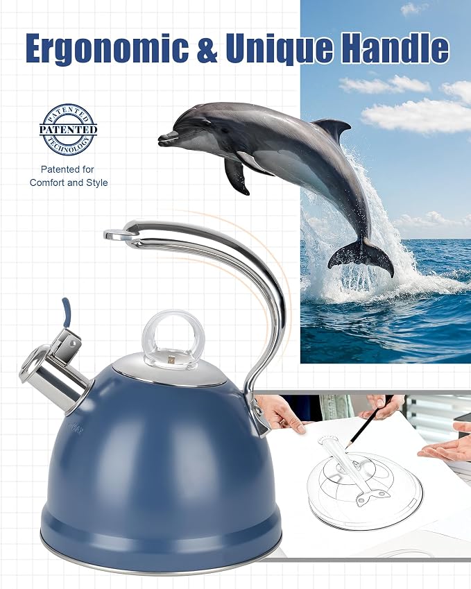 Harriet Tea Kettle Stovetop, 2.5 Quart Whistling Stainless Steel Tea Pot, 3-Layer Base, Unique Ergonomic Handle, Includes Pot Holder & Mat, Electric/Induction/Gas Stovetops Applicable, Blue