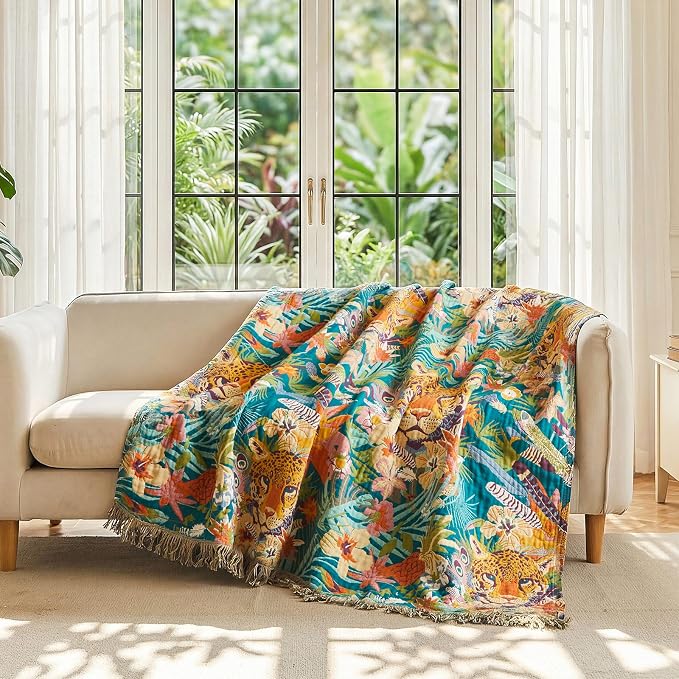 LUTBM Boho Throw Blanket for Couch 50"x60", Cotton Decorative Bed Throws | Reversible Leopard Jacquard, All-Season Muslin Blanket, For Chair Sofa Living Room, Lightweight & Breathable, Whimsical Decor