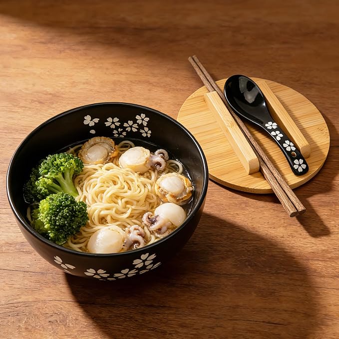 Black Ceramic Bowl Set with Lid, Spoon & Chopsticks - Japanese Traditional Style Tableware, All-in-One Bowl for Soup, Rice, Noodles, Ramen