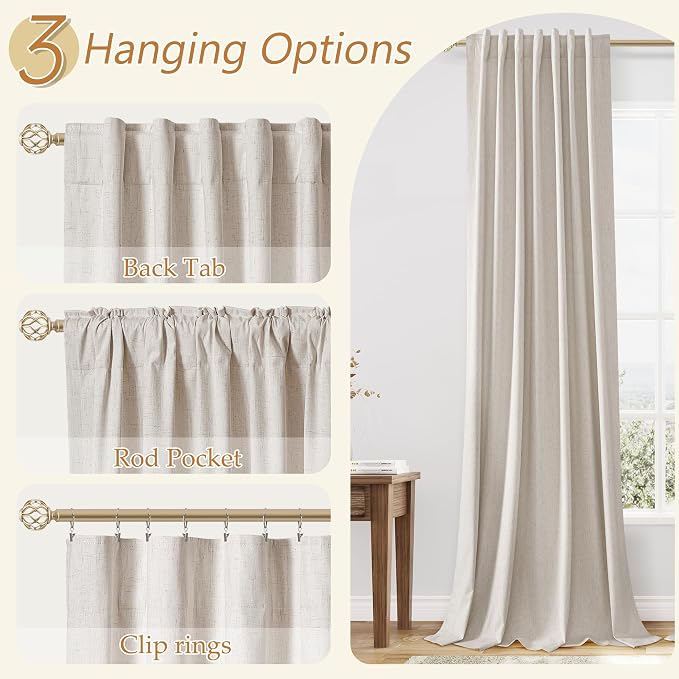 Guken Extra Long 100% Blackout Linen Curtains for Bedroom 120 inches Long, Thermal Insulated Room Darkening Black Out Drapes for Living Room, Back Tab Rod Pocket 2 Panels Set,Farmhouse,52x120