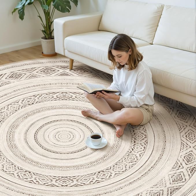 cotiled 8x8 Round Area Rugs Living Room Rug: Washable Boho Rugs with Non Slip Backing Large Soft Indoor Stain Resistant Carpet for Bedroom Farmhouse Dining Room Lightweight Home Decor Dark Brown