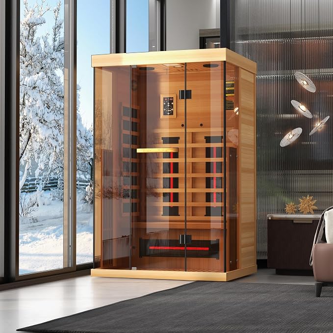 Infrared Sauna, 1-2 Person Home Sauna with 10 Minutes Warm-up Heater Tubes&Panels, Personal Sauna Spa Room for with 2-in-1 Door Handle, Canadian Hemlock and Panoramic Tempered Glass,120V