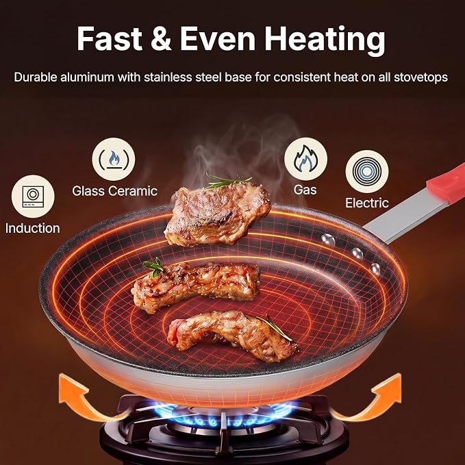 DUMOS 8 Inch Nonstick Frying Pan, Heavy-Gauge Aluminum Skillet with Ceramic Nonstick Coating, Stainless Steel Base & Handle, Omelet Pan for Induction, Electric, Gas, PFAS Free, Oven Safe, Red Handle