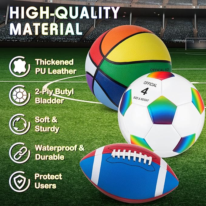 Libima 3 Pcs Sports Ball Set for Kids Teens Include Official Size 5 Basketball 4 Soccer 6 Football with Pump and Carry Bag Training Practice Sport Gift for Kids Teens Back to School