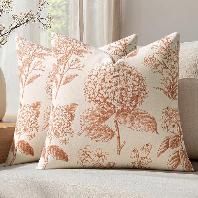 Set of 2 Decorative Floral Pillow Covers 20x20 Inch Autumn Orange | Neutral Hydrangea Print, Boho Vintage Throw Cushion Covers, Cottagecore Home Decor, for Sofa Couch Porch Bedroom Living Room