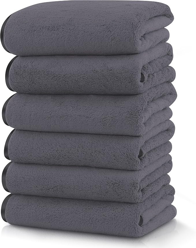 TENSTARS Silk Hemming Hand Towels for Bathroom - Quick Drying - Ultra Soft Microfiber Absorbent Towel for Bath Fitness, Gym, Shower, Hotel, and Spa - 16x28 Inch | Set of 6, Dark Grey