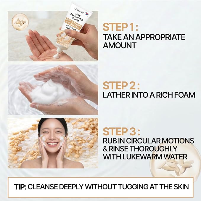 LEBELAGE Korean Rice Facial Cleanser 3.38 oz | Cleansing Foam Face Wash | Low pH Gentle Hydrating Daily Facial Cleanser Sensitive Skin | Deep Cleansing Foaming Cleanser, Pore Care-All Skin Types