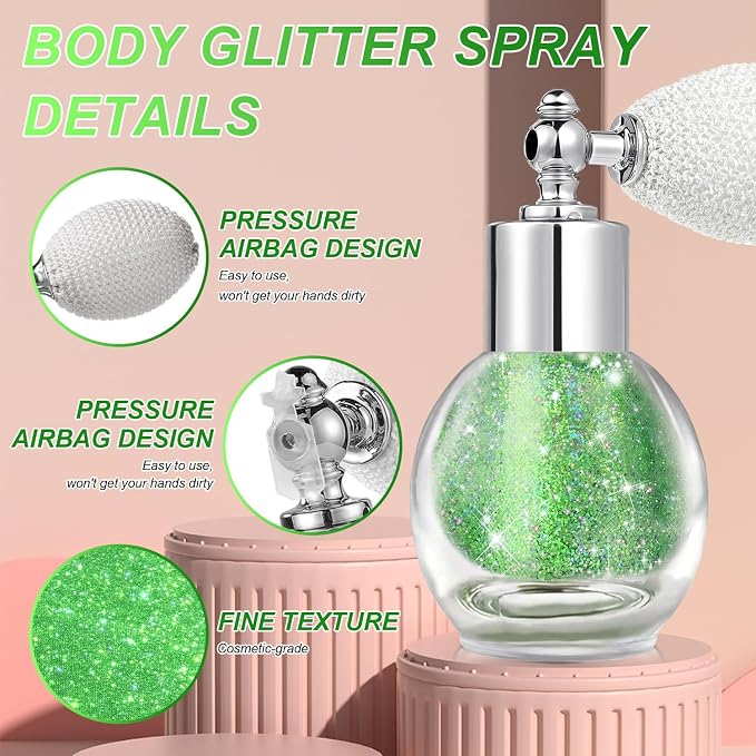 Green Face and Body Highlighter Spray for St. Patrick's Day Makeup, 0.14oz | High Gloss Powder, Waterproof Shimmer Spray for March 17th Mardi Gras Carnival Music Festival Outfits Rave Accessories