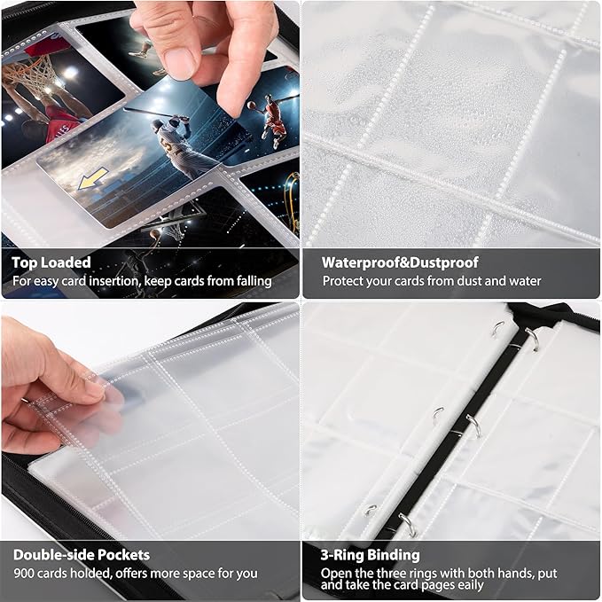 WOT I Trading Card Binder, 900 Pockets Baseball Card Binder Sleeves with Zipper, Double Sided Pockets Card Holder Carry Card Case for Baseball Card, Football Card(Silvery White), WO-CB-9-10