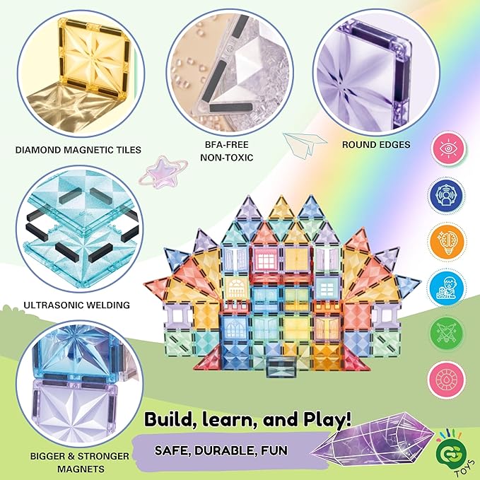 Magnetic Tiles – 70 PCS Crystal Fortress Castle, Magnetic Blocks, Montessori 3D STEM Building Blocks, Sensory for Kids Ages 3-9, Educational and Preschool Toys, Gift for Toddlers, Girls & Boy