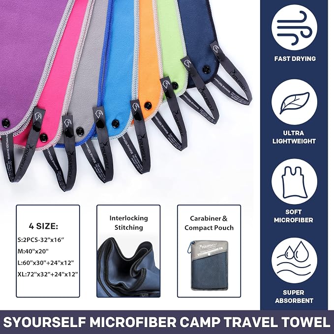 SYOURSELF 2 Pack Microfiber Camping Towel, Quick Dry Towel, Soft Absorbent Compact Travel Gym Workout Sweat Towel for Beach Yoga Swim Travel Camping Hiking Backpack Essentials (L:60"x30"+12"x24")
